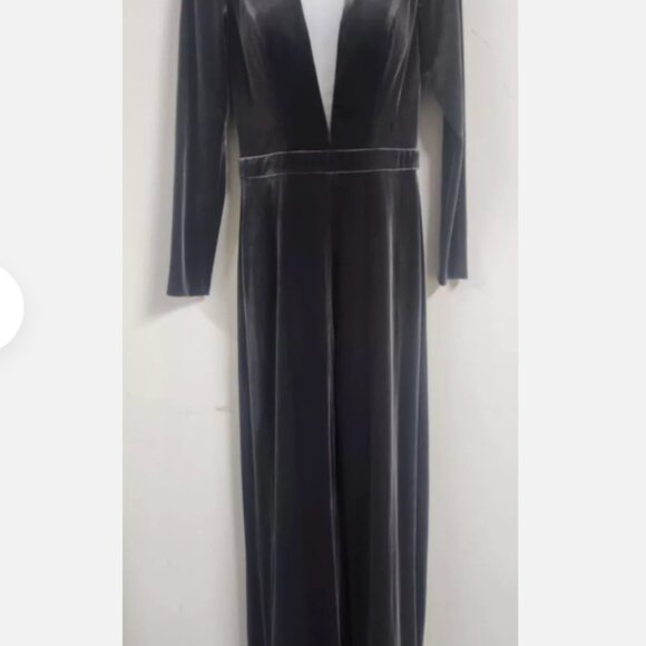 Jovani Women's Charcoal Velvet Jumpsuit Mesh Plunging V-Neckline Long Sleeve 8 - Picture 3 of 11